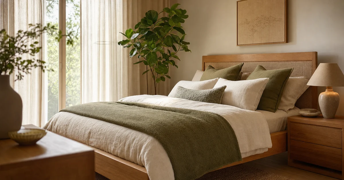 A calm redesigned bedroom with oak and linen