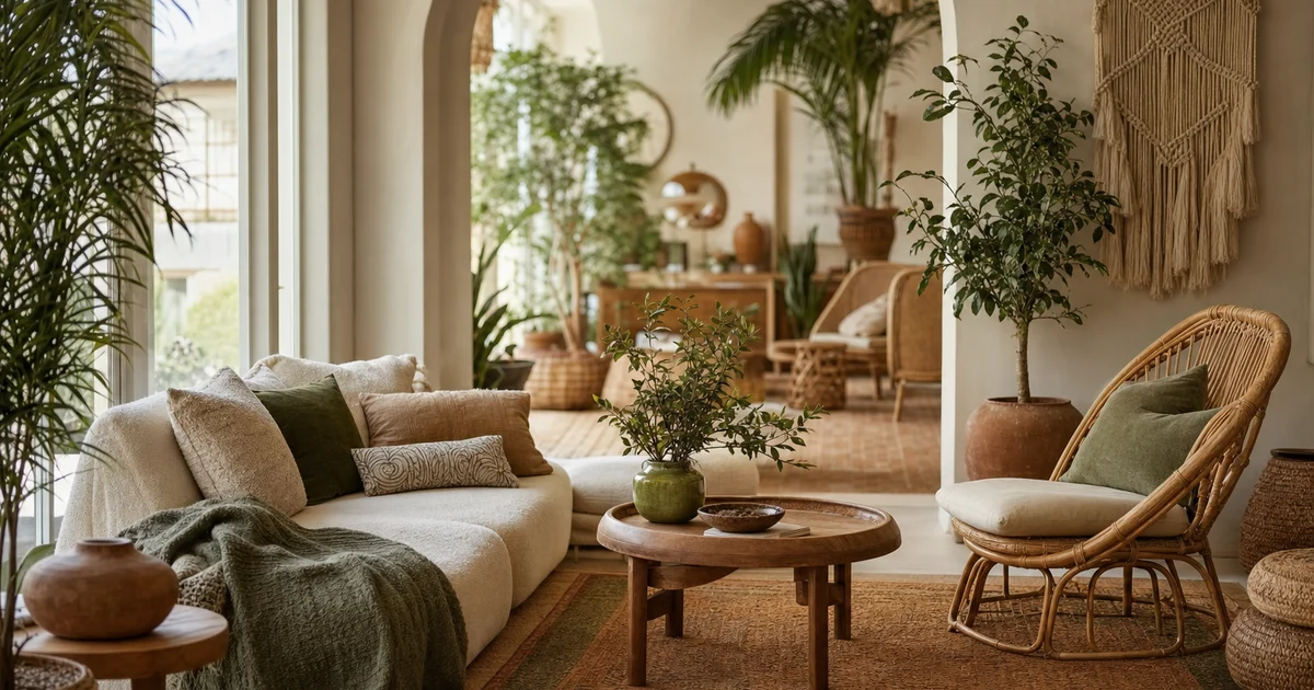 A relaxed boho living room with plants