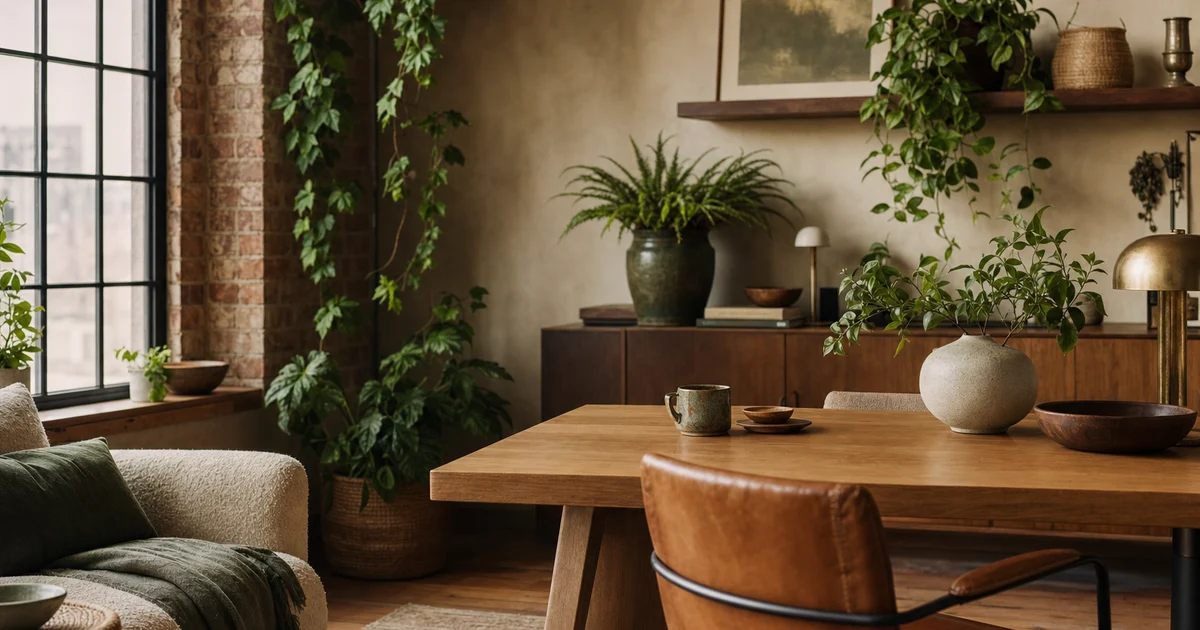 A warm industrial loft corner