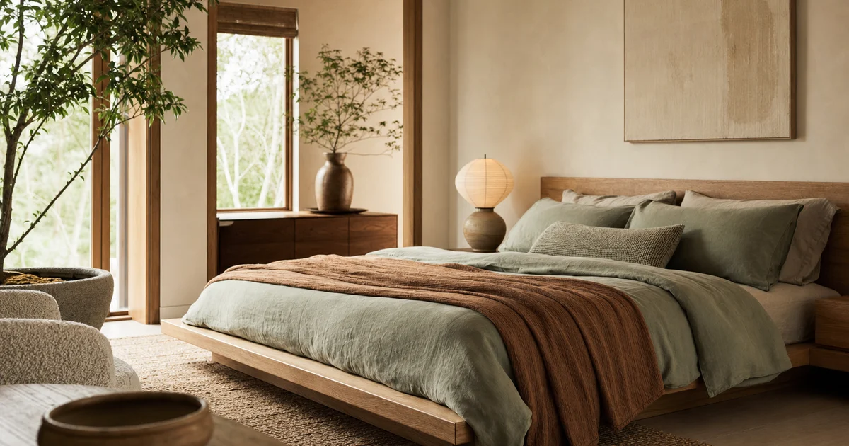 A calm Japandi bedroom