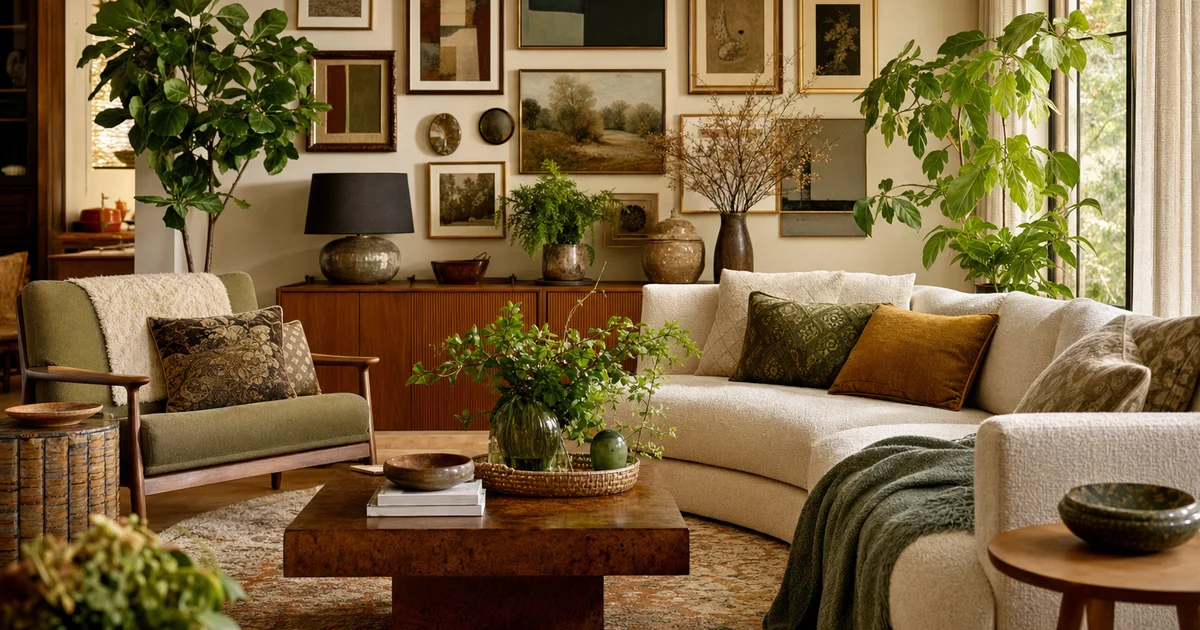A layered maximalist living room with rich color and pattern