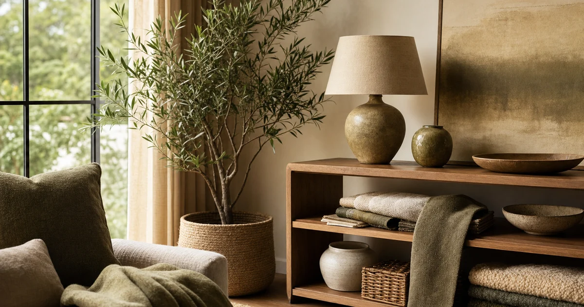 A styled corner with mixed textures and swatches